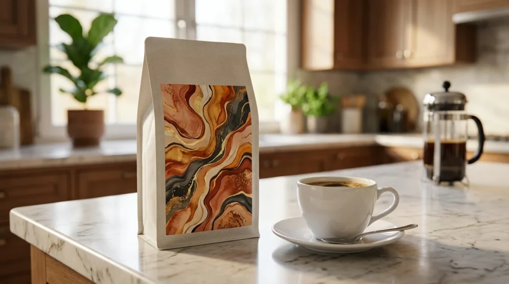 Café com marca própria em embalagem de 500g presente na rotina do cliente.