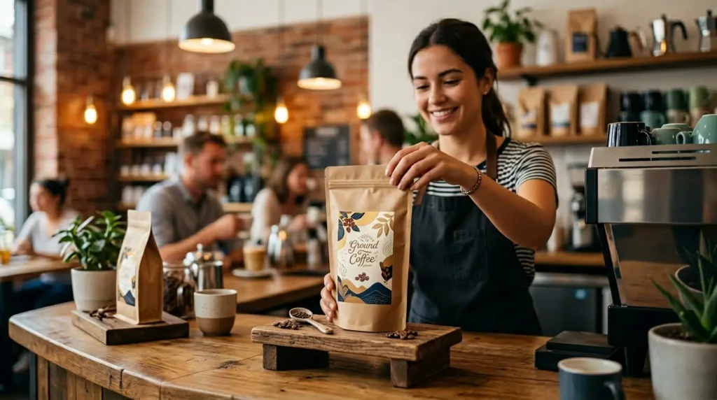 Café personalizado para revenda exposto no balcão de uma cafeteria.