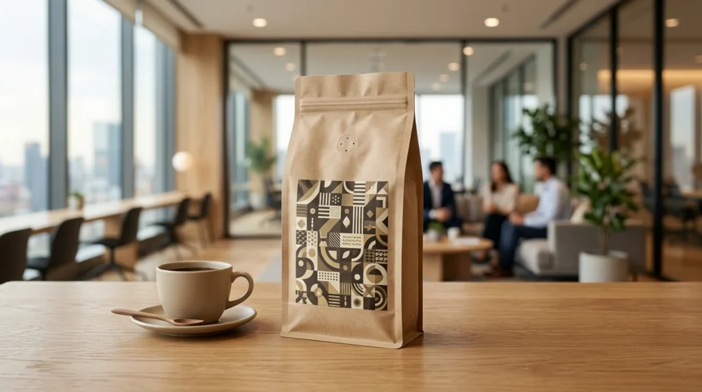 Embalagem de café com marca própria personalizado 500g em ambiente corporativo