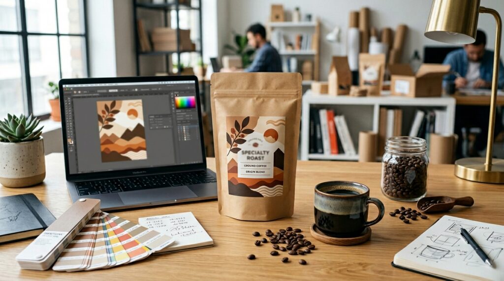 Processo de criação de café com marca própria em embalagem personalizada