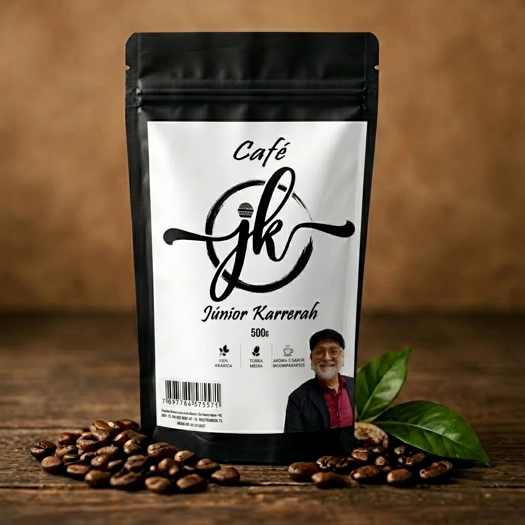 Café Personalizado sobre a mesa, feito exclusivamente para a Loja Crown Ternos, na cidade de Ribeirão Preto-SP. Embalagem de Café Crown 500g torra média sobre mesa de madeira com grãos espalhados.