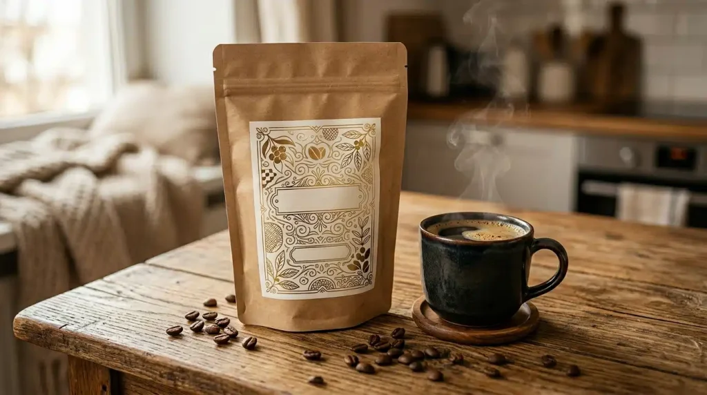 Café personalizado em embalagem de 500g com rótulo adaptado para marca própria.