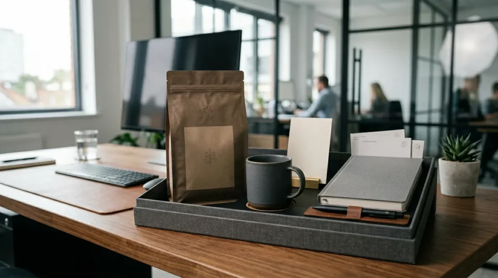 Café personalizado para empresas e brindes corporativos em kit de relacionamento.