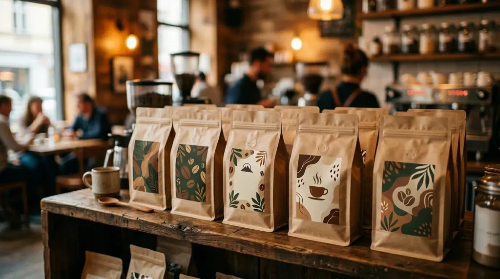 Café personalizado para revenda com marca própria em prateleira de cafeteria.