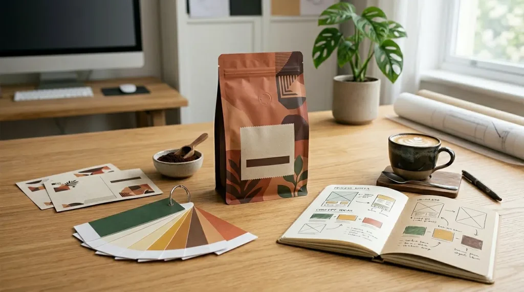 Personalização de rótulo para café personalizado com identidade visual da marca.