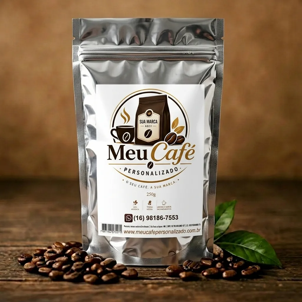 Café personalizado em embalagem de 250 gramas.